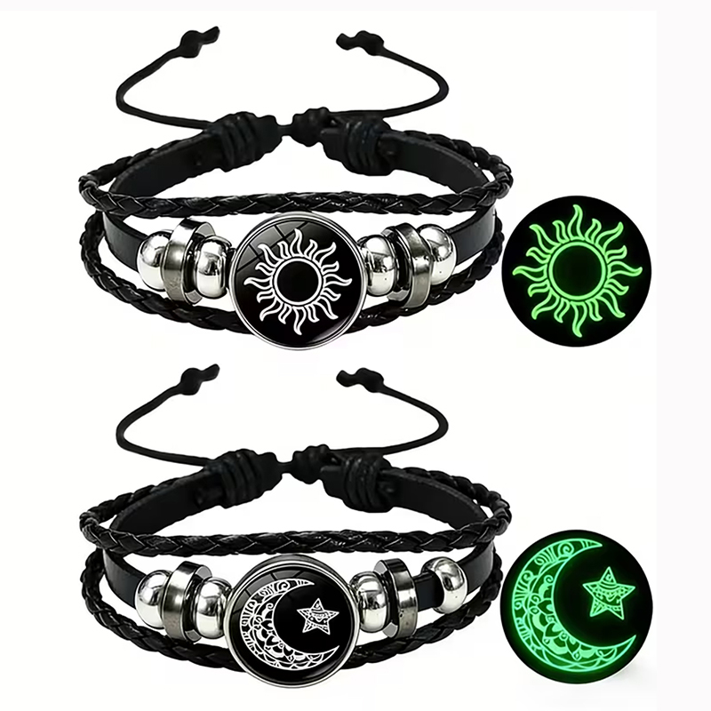 Snap Fastener Set - 2個セット 暗闇で光る太陽と月のカップルブレスレットセット ガラス製スナップボタン 多層編み込みレザーブレスレット 光る恋人へのギフト