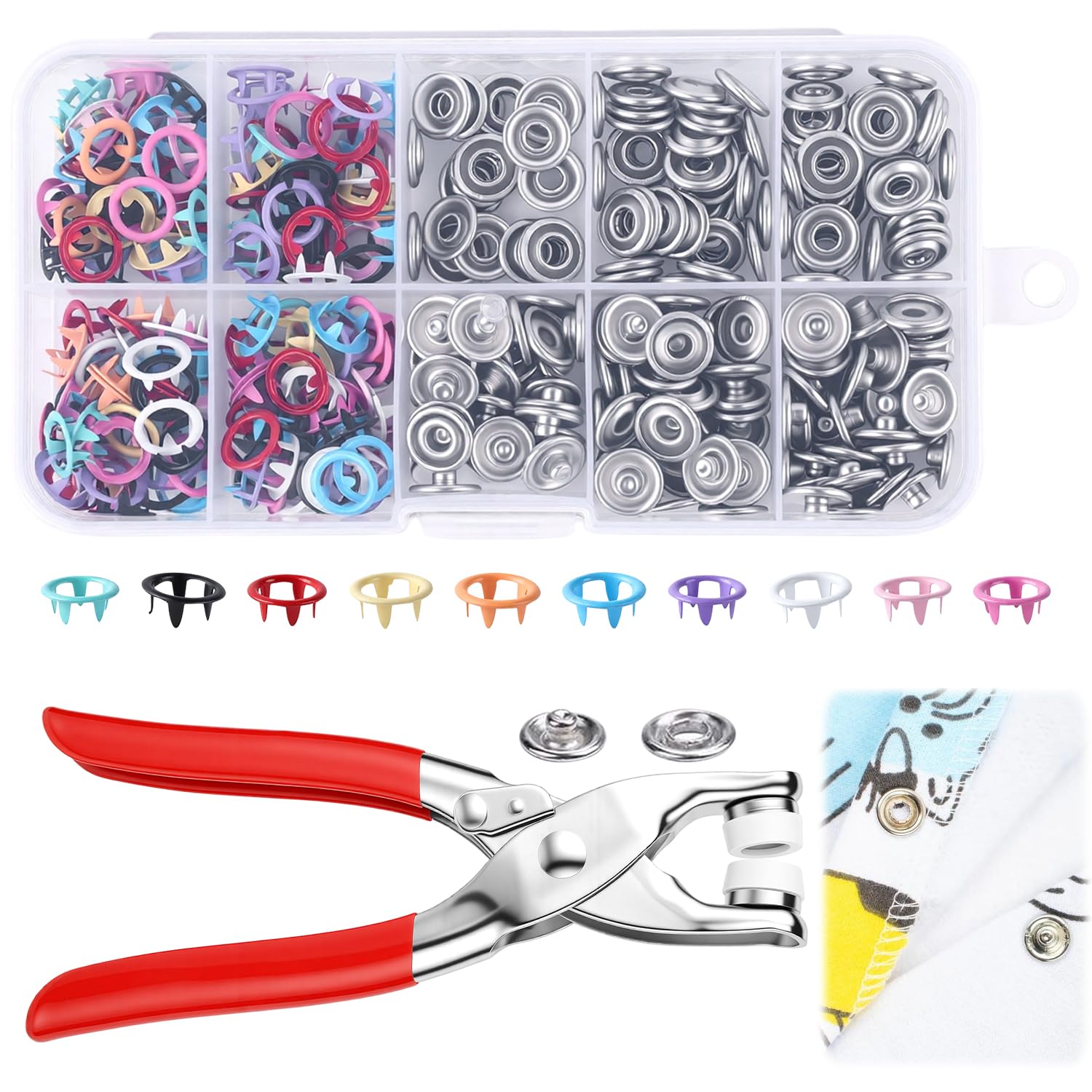 Snap Fastener Set - 100個の金属ボタン、金属スナップボタン、ファスナーペンチプレスツールキット付きの裁縫キット、DIYクラフト、布地、衣類の縫製用のカラフルな5爪バックル取り付けプライヤーツールセット